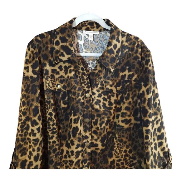 JM Collection Faux Suede 3/4 Sleeve Leopard Print Snap-front Top Women's 20W - Picture 2 of 6